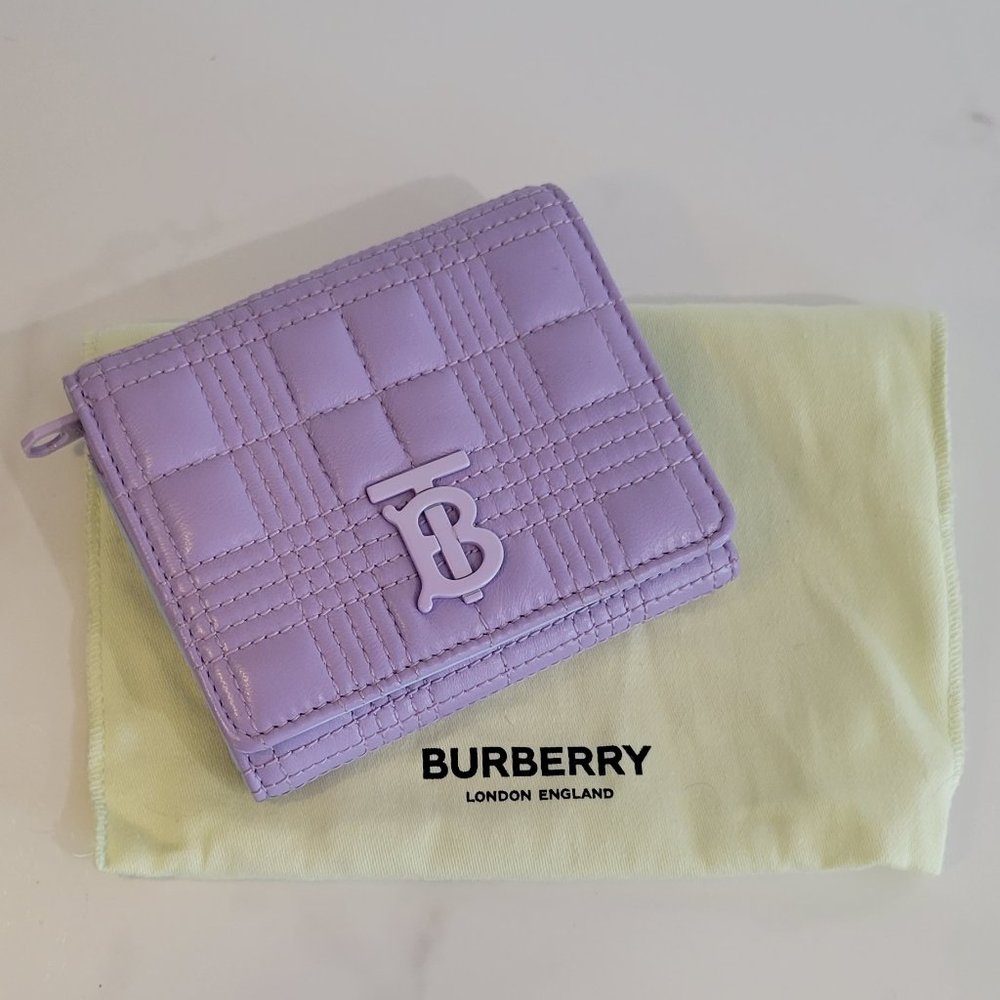 BURBERRY Leather Small Lola Folding Wallet. Lavender purple with blue. Trifold..